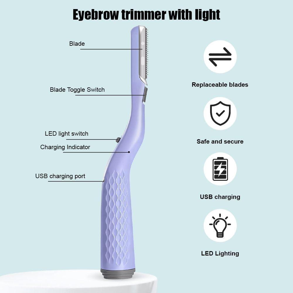 Eyebrow Trimmer with LED Light, Portable Facial Hair Remover, Non-Vibrating Hair Removal Dermaplaning Tools with 2 Replacement Heads and Brush for Peach Fuzz Chin Cheek