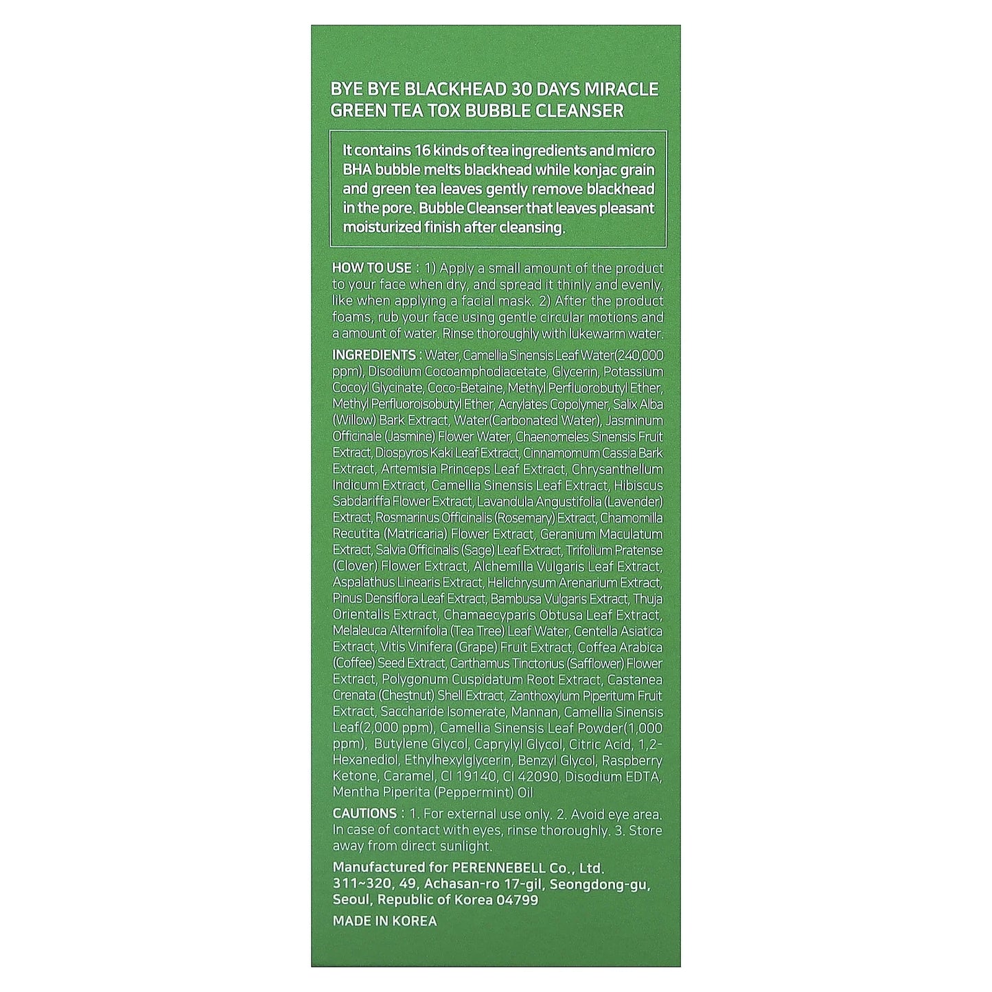 Bye Bye Blackhead 30 Days Miracle Green Tea Tox Bubble Cleanser, 4.23 Oz (120 G)