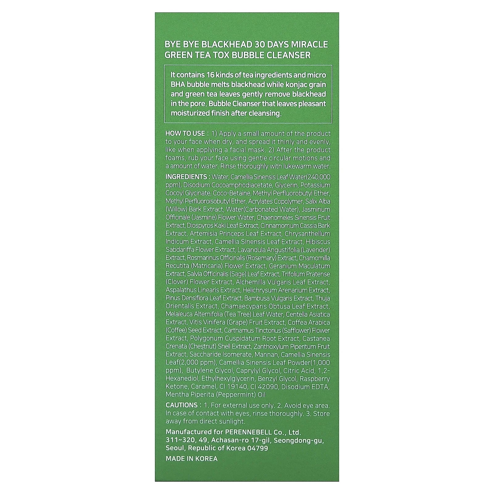 Bye Bye Blackhead 30 Days Miracle Green Tea Tox Bubble Cleanser, 4.23 Oz (120 G)