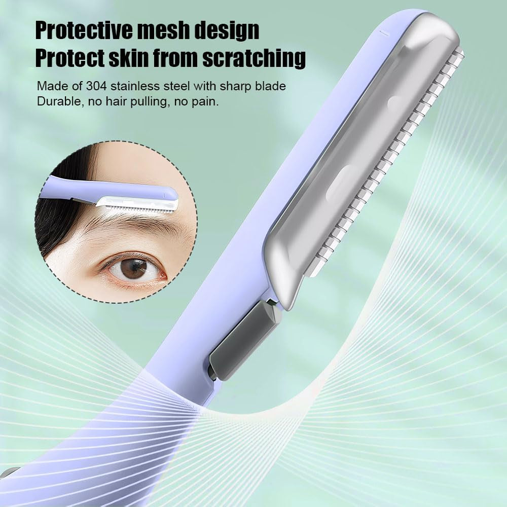 Eyebrow Trimmer with LED Light, Portable Facial Hair Remover, Non-Vibrating Hair Removal Dermaplaning Tools with 2 Replacement Heads and Brush for Peach Fuzz Chin Cheek