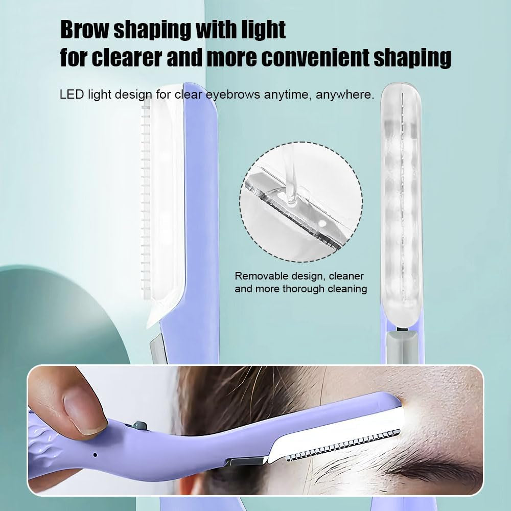 Eyebrow Trimmer with LED Light, Portable Facial Hair Remover, Non-Vibrating Hair Removal Dermaplaning Tools with 2 Replacement Heads and Brush for Peach Fuzz Chin Cheek