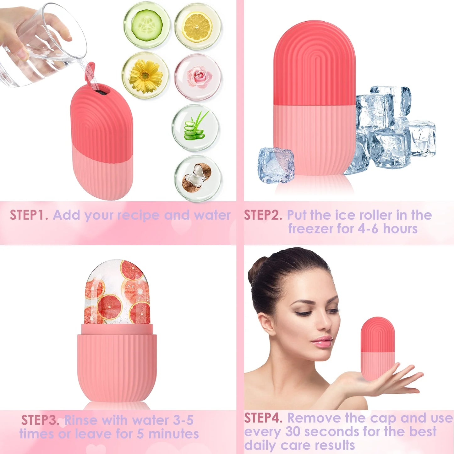 Ice Face Roller, Silicone Ice Facial Rollers, Cube Face Contour for Eyes Neck, Beauty Facial Massage Roller Remove Dark Circle Pore Shrink Face Roller Skin Care Tools (Pink)