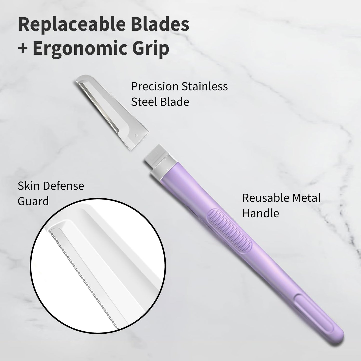 Dermaplane Razor for Women Face, Precision Face Razors for Women, Dermaplaning Tool, Gentle Exfoliation, Facial Hair Removal and Perfectly Shape Brows, Reusable Metal Handle with 4 Microblades, Purple