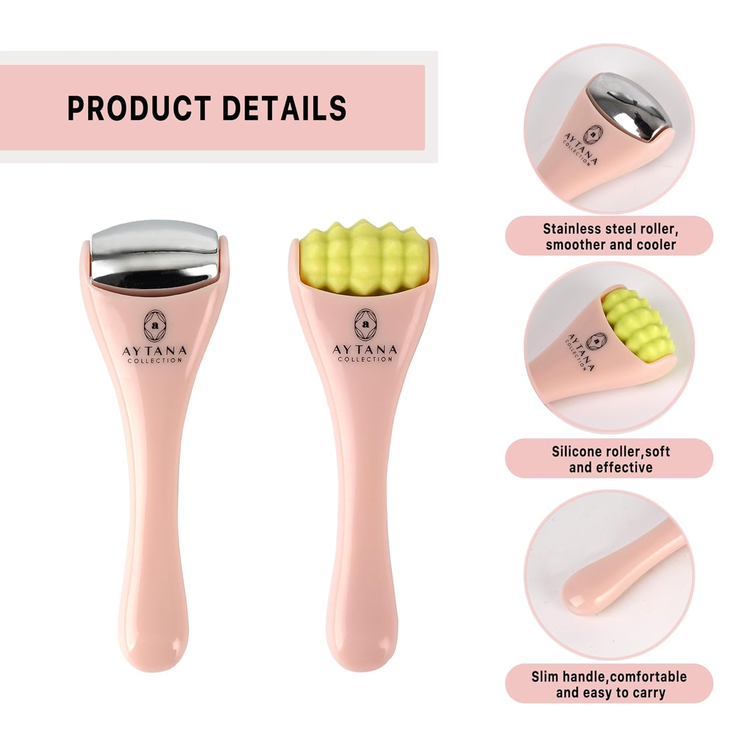 AYTANA Mini Cooling Face and Ice Roller Set with Pouch - Soothing Rollers for Puffy Eyes and Facial Massage | Pink Facial Tools for Skin Care | Relaxing Ice Rollers (Blush)