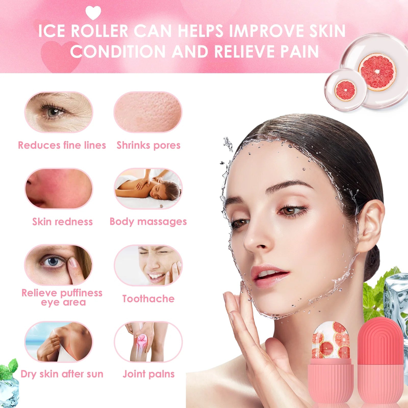 Ice Face Roller, Silicone Ice Facial Rollers, Cube Face Contour for Eyes Neck, Beauty Facial Massage Roller Remove Dark Circle Pore Shrink Face Roller Skin Care Tools (Pink)