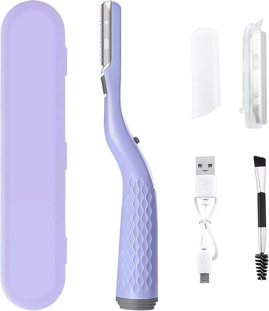 Eyebrow Trimmer with LED Light, Portable Facial Hair Remover, Non-Vibrating Hair Removal Dermaplaning Tools with 2 Replacement Heads and Brush for Peach Fuzz Chin Cheek