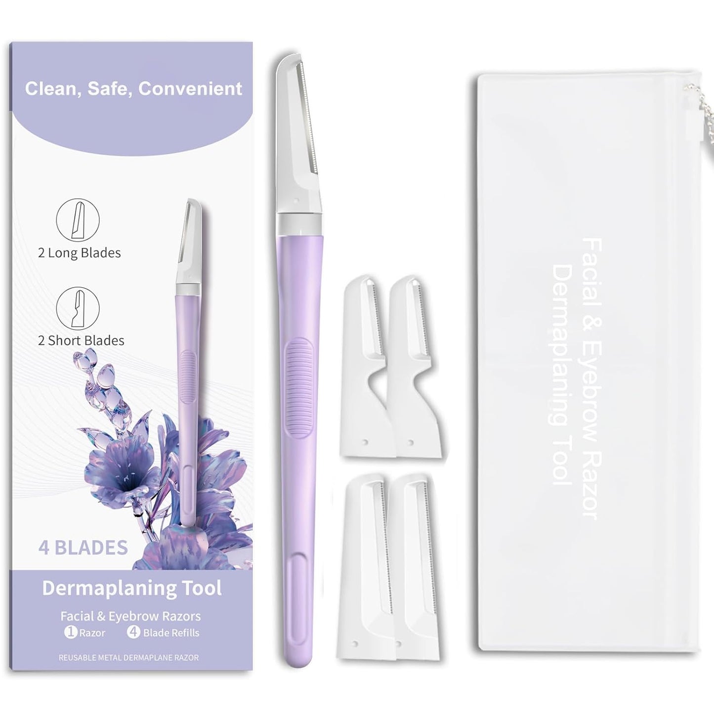 Dermaplane Razor for Women Face, Precision Face Razors for Women, Dermaplaning Tool, Gentle Exfoliation, Facial Hair Removal and Perfectly Shape Brows, Reusable Metal Handle with 4 Microblades, Purple
