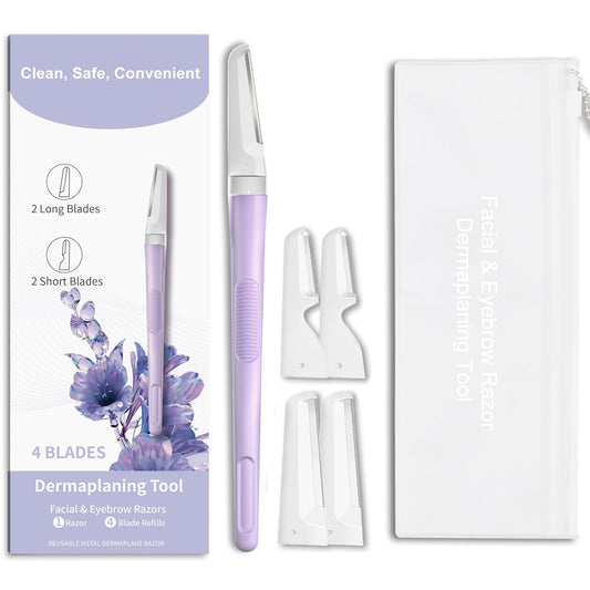 Dermaplane Razor for Women Face, Precision Face Razors for Women, Dermaplaning Tool, Gentle Exfoliation, Facial Hair Removal and Perfectly Shape Brows, Reusable Metal Handle with 4 Microblades, Purple
