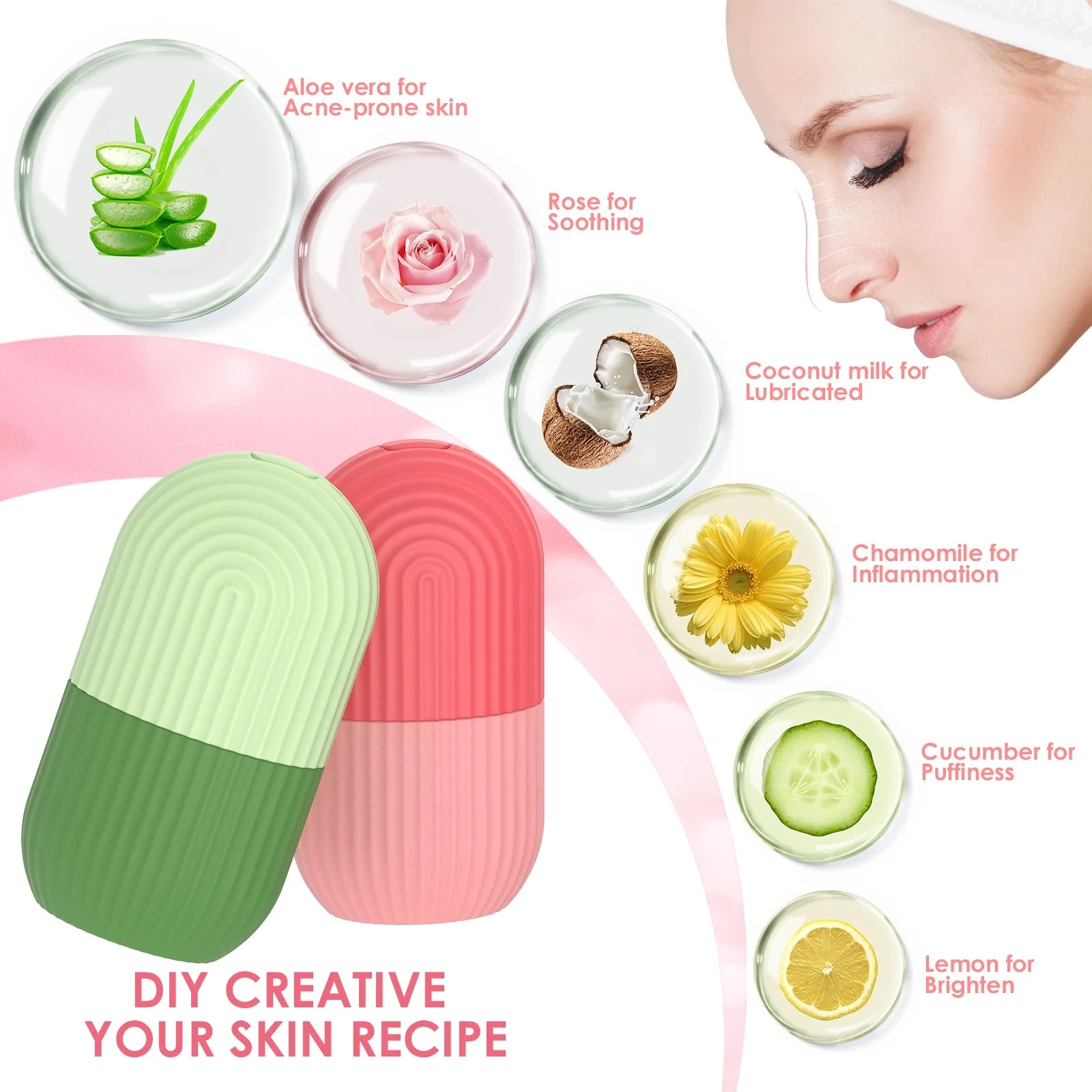 Ice Face Roller, Silicone Ice Facial Rollers, Cube Face Contour for Eyes Neck, Beauty Facial Massage Roller Remove Dark Circle Pore Shrink Face Roller Skin Care Tools (Pink)